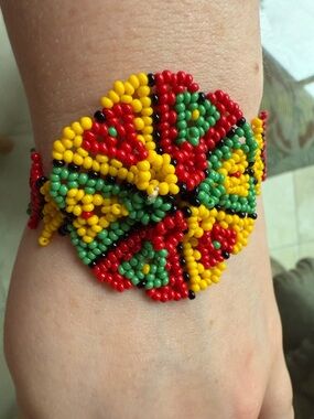 Vintage Gorgeous Beaded Bracelet in Red, Yellow & Green by Vintage